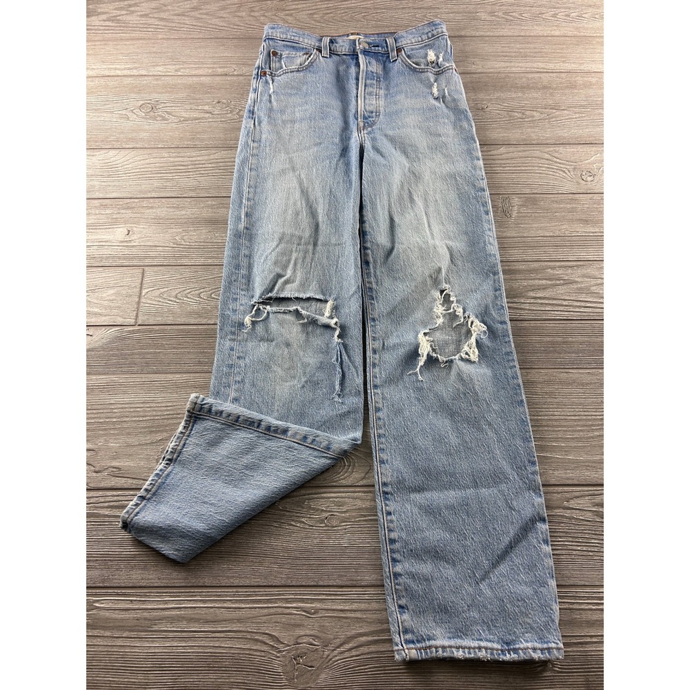 Levis Ribcage Straight Ankle Jeans 26 Distressed Light Wash Blue Denim High Rise
